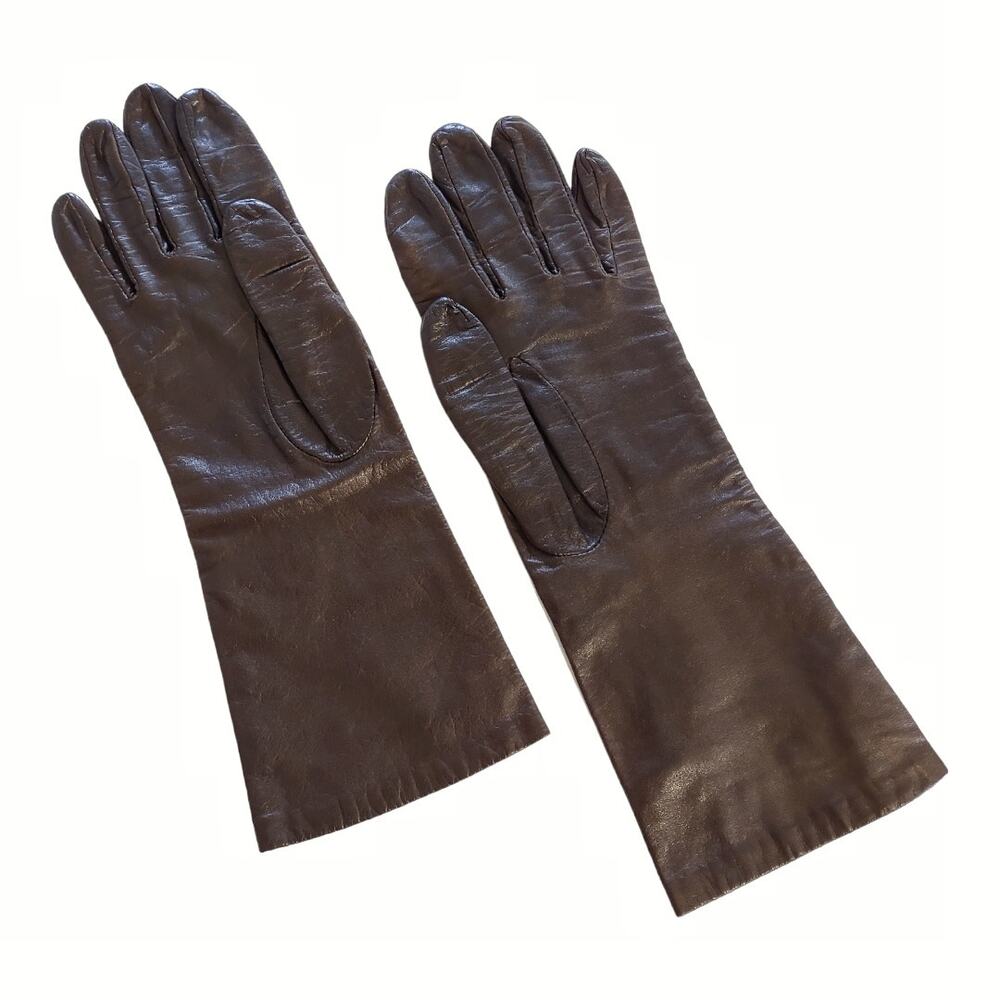 Vintage Leather Gloves Brown 3/4 Length Retro Accessories Size Large Winter Wear